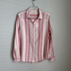 New Beach Lunch Lounge Coral Reef Striped Linen Blend Button Down Top